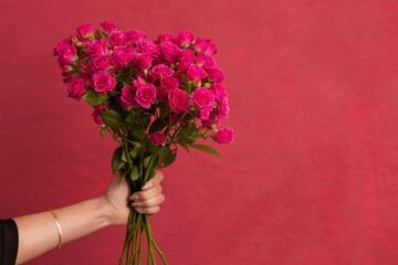 Beautiful bouquet of roses in female hands on a pink background