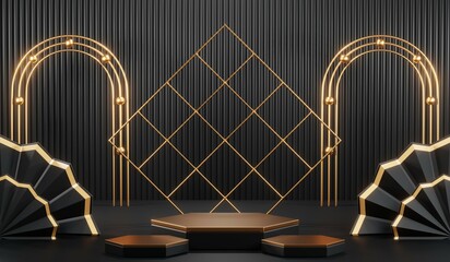 3D rendering of black and gold mockup background for black friday product on mockup