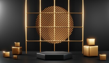 3D rendering of black and gold mockup background for black friday product on mockup