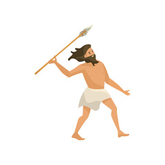 Prehistoric man with spear vector illustration. Ancient man hunting on white background. History, stone age, prehistory concept