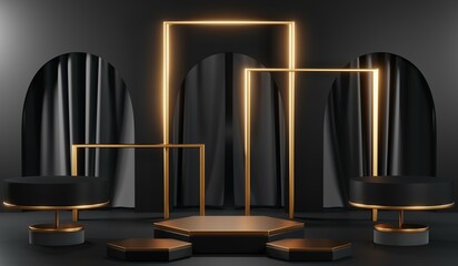 3D rendering of black and gold mockup background for black friday product on mockup