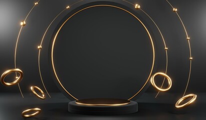 3D rendering of black and gold mockup background for black friday product on mockup