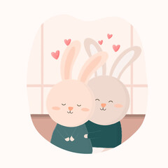 Romantic cartoon with cute rabbit couple in love