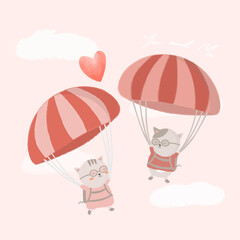 The Cat lover play with parachute on sky with fun cartoon romantic animal