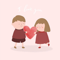 Cartoon cute romantic happy young couple in love vector illustration