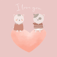 lovely cat and couple  sweet on big heart cute cartoon animal in love