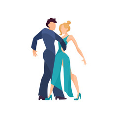 Plakat Woman and man dancing bachata or salsa vector illustration. Couple of male and female Latino or merengue dancers in blue costumes at party or club on white background. Performance, music concept