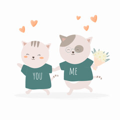 The cat lover with flower bouquet cute cartoon animal in love