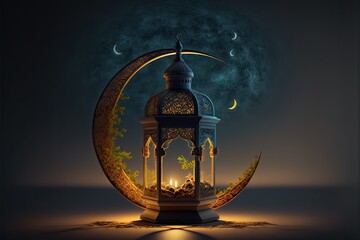 Ramadan lantern with crescent moon on night sky background. Generative AI
