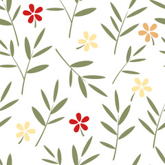 Small flowers with green leaves and twigs on a white background. Floral repeating background. Seamless cute pattern for textile. 