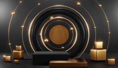3D rendering of black and gold mockup background for black friday product on mockup
