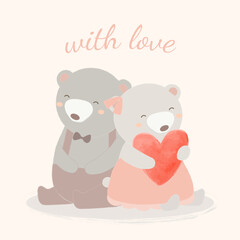 lovely cartoon with teddy bear lover holding heart