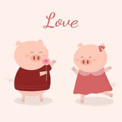 cute pig couple give rose with love vector cartoon animal in love