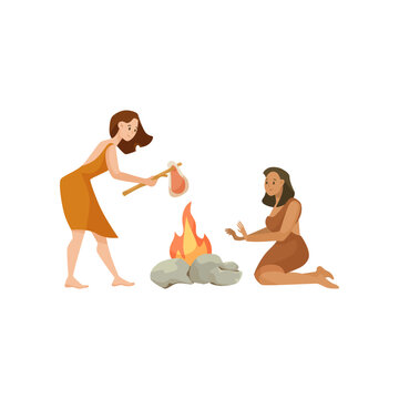 Prehistoric women cooking meat on fire vector illustration. Ancient women sitting by bonfire, cooking food on white background. History, stone age, prehistory concept