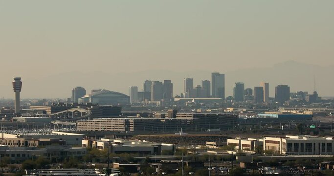 Afternoon views of the skyline and airport of Phoenix, Arizona, USA.