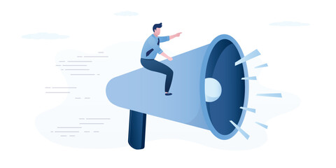 Businessman using megaphone. Marketing management, public relations, speeches. Manager flying on loudspeaker and make announcements, give information and offers,