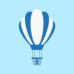 Obraz premium Dark blue hot air balloon flying in sky flat vector illustration. Cute blue hot air balloon, transport for tourists isolated on blue background. Transportation, tourism, journey concept