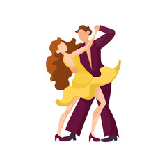 Naklejka na ściany i meble Man and woman dancing salsa illustration. Couple of male and female Latino or merengue dancers in yellow and purple costumes at party or club on white background. Performance, music concept