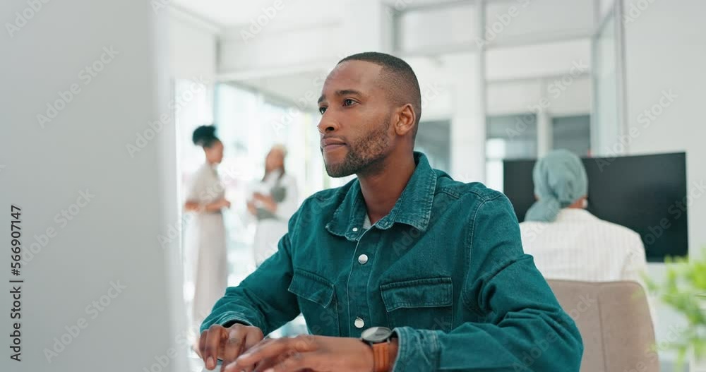 Poster office computer, thinking and black man reading feedback review of social network, customer experien