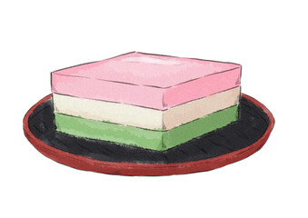 お盆にのっている菱餅のイラスト（水彩風）