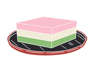 お盆にのっている菱餅のイラスト（版画風）