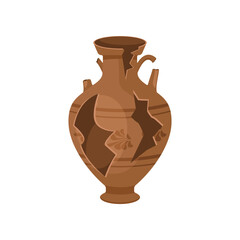 Old brown broken cracked vase illustration. Cartoon drawing of antique ceramic or clay jug or pot isolated on white background. Pottery, damage, history, archeology concept