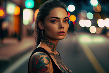 portrait of a tattoo woman in the city