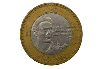 Moneda de veinte pesos Octavio Paz año 2000, monedas mexicanas