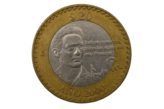 Moneda de veinte pesos Octavio Paz año 2000, monedas mexicanas