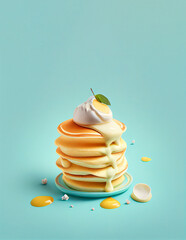 Delicious sweet, dessert, American pancakes with a juicy, sweet topping. Food concept on a pastel background. Tasty meal or snack, sugar and calories. Illustration. Generative AI.