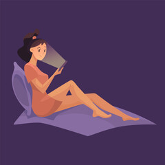 Girl sitting reading in bed before sleep illustration. Cartoon girl sitting and reading using cellphone on purple background. Internet addiction, night time, entertainment concept