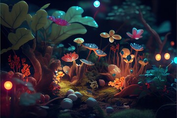 Obraz na płótnie Canvas Fairy forest at night. Fantasy glowing flowers and lights in a dark enchanted forest , Tolkien style. Generative AI