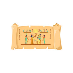 Old paper scroll with Ancient Egypt history illustration. Papyrus or paper scroll with pharaohs and hieroglyphs, Egyptian heritage on white background. Egyptology, history, mythology concept