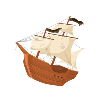 New wooden pirate ship vector illustration. New boat isolated on white background. Toys, sea adventure or journey concept