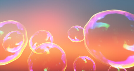 Abstract transparent soap bubbles flying up bright iridescent beautiful festive against the backdrop of sunset. Abstract background