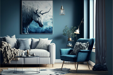 Interior of living room with metal coffee table, grey armchair, white sofa with a blanket and pillow, and large artwork on the blue wall. Generative AI
