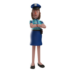 3D illustration. 3D Cartoon Illustration of Police Woman having a beautiful smile. hands folded forward. wearing a cute hat. 3D Cartoon Character