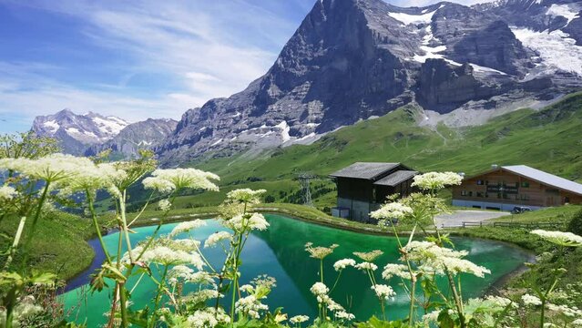 Scenic mountain lake near Kleine Scheidegg. Mountain Eiger and Jungfrau mountain, Swiss Alps in summer. 