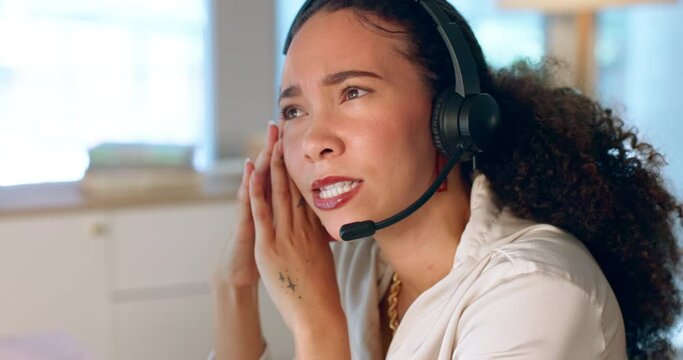 Call center, customer support and telemarketing woman doing online consultation in the office. Crm, contact us and female customer service representative working on sale with a headset in workplace.
