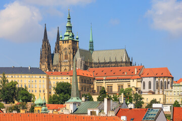 Fototapeta premium View of the Gothic Catholic Cathedral of St. Vitus, Wenceslas and Vojtech in Prague Castle. Background