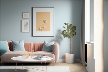 Photo frame in living room minimalist design,pastel colour palette, Made by AI,Artificial intelligence