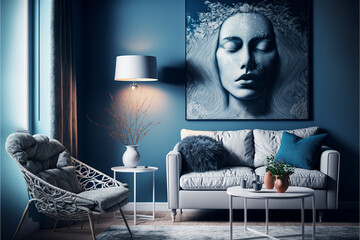 Interior of living room with metal coffee table, grey armchair, white sofa with a blanket and pillow, and large artwork on the blue wall. Generative AI