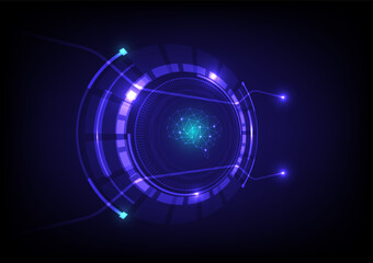 Abstract technology background. Futuristic HUD circle elements user interface with glowing polygonal brain vector illustration.