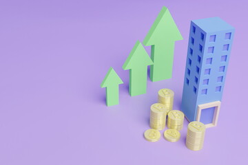 3d render of coins stack with building and arrow up on purple background