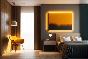 Fototapeta premium frontal view of modern hotel room with warm colour walls, interior design, Generative AI