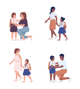 Supportive parenting and first graders semi flat color vector characters set. Editable figures. Full body people on white. Simple cartoon style illustration pack for web graphic design and animation
