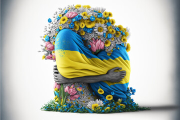 unkaine war concept. hugs, flowers, ukraine flag, logo, Generative AI