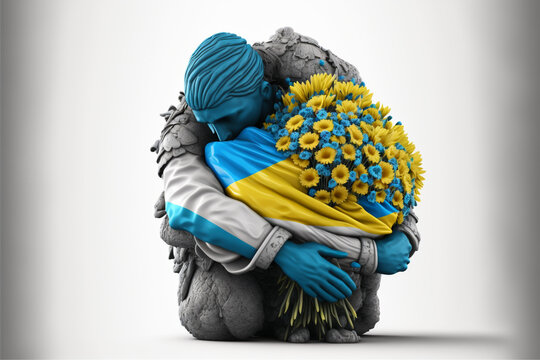 Ukrainian flag wrapped in a wreath of flowers, conceptual image. hugs, flowers, ukraine flag, logo, Generative AI