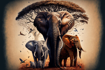 Group of many African animals. Generative AI