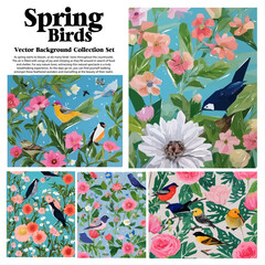 Spring flowers and birds vector illustration set. Floral background for your design.